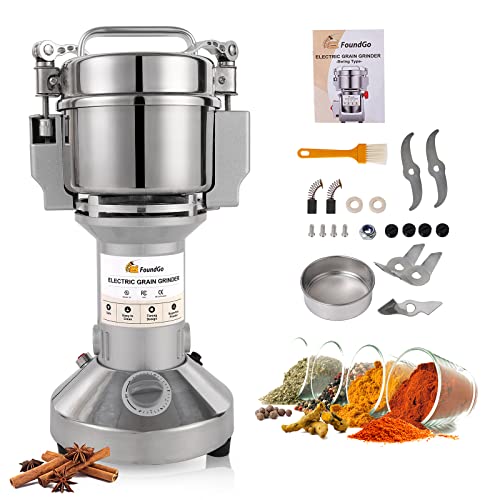 FoundGo Electric Grain Mill 10.6oz/300g Commercial Grain Grinder Stainless Steel Powder Grinding Machine 25,000rpm Pulverizer for Spice/Coffee/Flour/Pepper/Herb Superfine (300g, Standing)