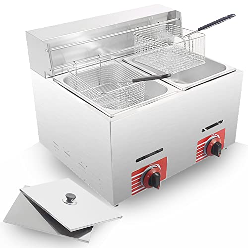 Commercial LPG Gas Deep Fryer with 10L*2 Basket and Lid Stainless Steel Countertop Propane-LPG GF-72 Propane (LPG) W/Metal Tube Home Kitchen