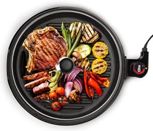 elite gourmet emg6505g# smokeless indoor electric bbq grill w/ glass lid, dishwasher safe, pfoa-free nonstick, adjustable temp, fast heat up, low-fat meals easy to clean, 12 inch, stainless