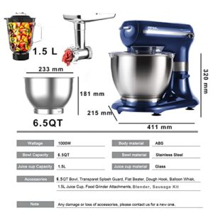 Aifeel Stand Mixer, 6 in 1 Multifunctional Electric Kitchen Mixer 800W 5 Speed with 1.5L juice cup,6.5 QT Bowl, Dough Hook, Whisk, Beater,Meat Grinder , Blender, Sausage Kit (blue)