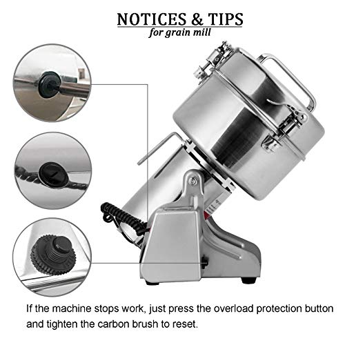 BI-DTOOL 1000g Electric Grain Mill Grinder 304 Stainless Steel Pulverizer Grinding Machine Commercial Corn Mill for Kitchen Herb Spice Coffee with LCD Digital Display