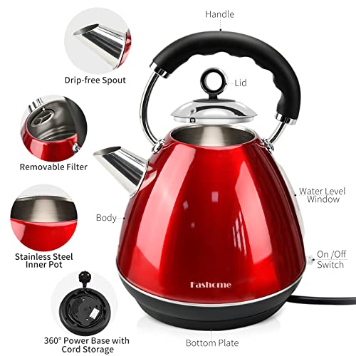 FASHOME Electric Kettle, Anti-Tip Design for Family with Children and Elderly, 1.7L Tea Kettle Stainless Steel Kettle with Filter & LED Lighting Switch, Boil Dry Protection and 3-7Min Fast Heating.