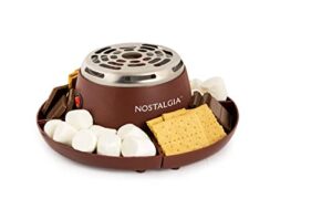 nostalgia mymini electric s’mores maker, tabletop indoor machine with 4 compartment trays for graham crackers, chocolate, marshmallows, 2 forks, brown