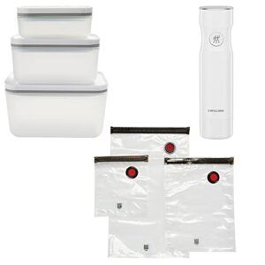 zwilling fresh & save vacuum sealer machine family set, 3-pc container set, 20-pc bag set assorted reusable vacuum sealer bags/ sous vide bags, meal prep