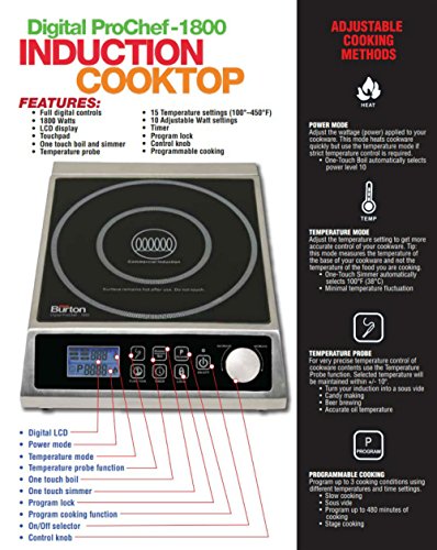 Max Burton 6515 Digital ProChef-1800 Induction Cooktop, Digital Controls, 10 Adjustable Watt and 15 Temperature Settings, Timer, Program Lock, Programmable Cooking, 1800W, 120V