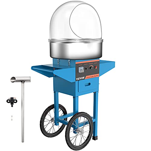 VBENLEM Cotton Candy Machine Commercial with Bubble Cover Shield and Cart Stainless Steel Candy Floss Maker Blue 1030W Electric Cotton Candy Maker for Various Parties