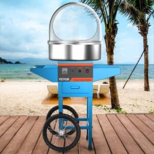 VBENLEM Cotton Candy Machine Commercial with Bubble Cover Shield and Cart Stainless Steel Candy Floss Maker Blue 1030W Electric Cotton Candy Maker for Various Parties