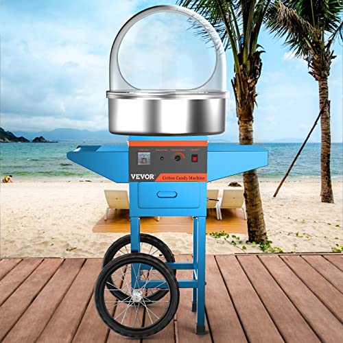 VBENLEM Cotton Candy Machine Commercial with Bubble Cover Shield and Cart Stainless Steel Candy Floss Maker Blue 1030W Electric Cotton Candy Maker for Various Parties