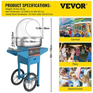 VBENLEM Cotton Candy Machine Commercial with Bubble Cover Shield and Cart Stainless Steel Candy Floss Maker Blue 1030W Electric Cotton Candy Maker for Various Parties