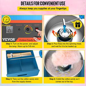 VBENLEM Cotton Candy Machine Commercial with Bubble Cover Shield and Cart Stainless Steel Candy Floss Maker Blue 1030W Electric Cotton Candy Maker for Various Parties