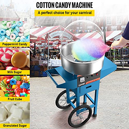 VBENLEM Cotton Candy Machine Commercial with Bubble Cover Shield and Cart Stainless Steel Candy Floss Maker Blue 1030W Electric Cotton Candy Maker for Various Parties