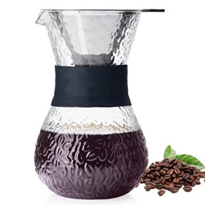 pour over coffee maker,600ml/20oz paperless borosilicate glass carafe and reusable stainless steel permanent filter,manual coffee dripper brewer with protective silicone sleeve,glass coffee pot