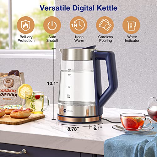 JOY Kitchen Electric Kettle Temperature Control, 1.7L Glass Tea Kettle with LED Display, Digital Temperature Color Indicators, 1 Hour Keep Warm, Auto Shut Off and Boil Dry Protection, 1500W