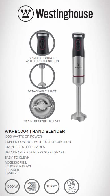 Westinghouse 220 Volt Hand Blender 1000W - 3 in 1 Hand blender includes blending shaft, 500 ml chopper bowl, 700 ml beaker and whisk-220V 240V (Not For Use In USA)