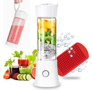 portable blender, smoothie blender with 16oz travel glass cup and lid 4000mah battery 7.4v strong power personal size blender usb rechargeable mini juicer cup travel blender for shakes and smoothies with stainless steel 6 blades bpa free(white)