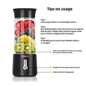 CYGGCY Portable Blender Personal Mini Blender for Shakes & Smoothies USB Rechargeable Travel blender shake smoothy Personal Size Blenders 17.6oz Fresh Juice Blender with 6 Stainless Steel Blades and 4000mAh Rechargeable Battery(black)