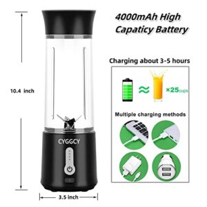 CYGGCY Portable Blender Personal Mini Blender for Shakes & Smoothies USB Rechargeable Travel blender shake smoothy Personal Size Blenders 17.6oz Fresh Juice Blender with 6 Stainless Steel Blades and 4000mAh Rechargeable Battery(black)