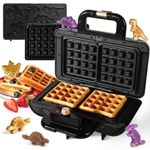 mini waffle maker waffle iron dinosaur waffle maker for kids 7 unique dino waffle in minutes, electric nonstick waffle pancakes maker with removable plates breakfast maker machine (double set)