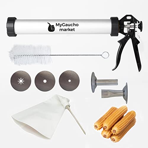 Churro Maker Kit Gun. Holds 1.5 lb of Dough + Churro Filling Piping Bag with large Needle. Includes 5 Nozzles for Churros, Gnocchi and Cookies. Fresh Churros Party. (1.5 lb Stainless Steel Barrel)