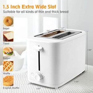 Toaster 2 Slice, White 1.5" Wide Slot 2 Slice Toaster with 7 Bread Shade Settings and Warming Rack, Defrost/Reheat/Stop Function, Removable Crumb Tray