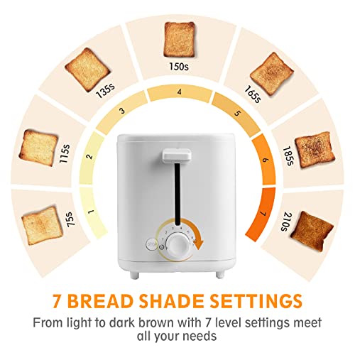 Toaster 2 Slice, White 1.5" Wide Slot 2 Slice Toaster with 7 Bread Shade Settings and Warming Rack, Defrost/Reheat/Stop Function, Removable Crumb Tray