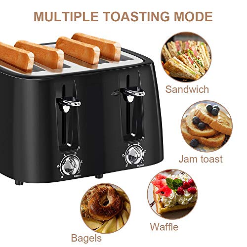 prepAmeal 4 Slice Toaster Bagel Toaster Small Bake Toaster with 6 Browning Setting, Cancel Function, Extra Wide Slots, for Bagels, Waffles, Breads, Puff Pastry, Snacks (4-Slice, Black)