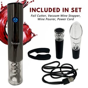 BIYADI Electric Wine Opener Set - Rechargeable Wine Bottle Opener - Automatic Electric Corkscrew Opener for Wine with Foil Cutter, Wine Pourer, Vacuum Stopper, and USB charger - Wine Lover Gift Set