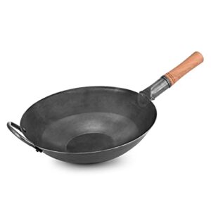 hodebe carbon steel wok pan – 14 “ woks and stir fry pans – chinese wok with round bottom pow wok – traditional chinese japanese woks – black steel wok