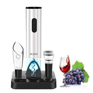 olevc rechargeable electric wine bottle opener, automatic one-button corkscrew opener kit with foil cutter, vacuum stopper and wine aerator pourer for household kitchen party bar(stainless steel)