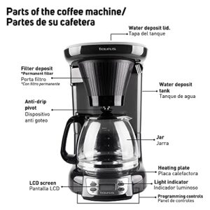 Taurus| Velvet Digital| Programmable Digital Coffee Maker for 24 Hours with Permanent Filter| (700 Watts)| Glass|Black