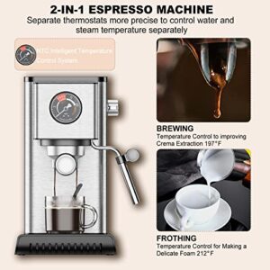 CONZIE Dual Espresso Machine, 20 Bar Fast Heating Latte & Cappuccino Coffee Maker With Milk Frother Steam Wand, 1.2L Water Tank, 1400W, Stainless Steel, Silver