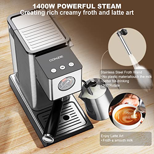 CONZIE Dual Espresso Machine, 20 Bar Fast Heating Latte & Cappuccino Coffee Maker With Milk Frother Steam Wand, 1.2L Water Tank, 1400W, Stainless Steel, Silver