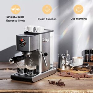 CONZIE Dual Espresso Machine, 20 Bar Fast Heating Latte & Cappuccino Coffee Maker With Milk Frother Steam Wand, 1.2L Water Tank, 1400W, Stainless Steel, Silver