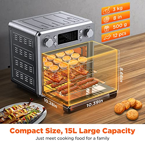 Air Fryer Toaster Oven Combo Countertop Convection Ovens - 24-in-1 Air fry, Bake, Broil, Toast, Roast, Dehydrate, Defrost and More Functions, 15L/15.9QT Capacity, 10 Accessories, LCD Display, Stainless Steel