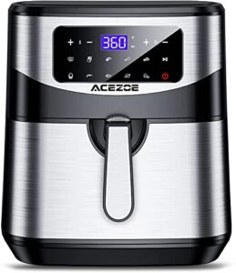 acezoe stainless steel 7.4 qt digital air fryer 1700-watt with 9 preset cooking functions, led touchscreen, non-stick coating, 43 recipes, easy to clean, auto shut-off