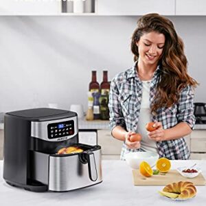 Acezoe Stainless Steel 7.4 QT Digital Air Fryer 1700-Watt with 9 Preset Cooking Functions, LED Touchscreen, Non-Stick Coating, 43 Recipes, Easy to Clean, Auto Shut-Off