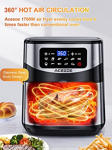 Acezoe Stainless Steel 7.4 QT Digital Air Fryer 1700-Watt with 9 Preset Cooking Functions, LED Touchscreen, Non-Stick Coating, 43 Recipes, Easy to Clean, Auto Shut-Off