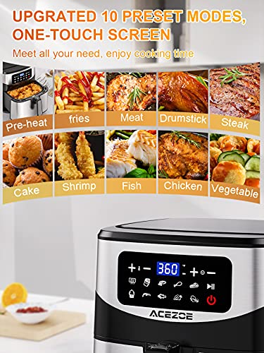 Acezoe Stainless Steel 7.4 QT Digital Air Fryer 1700-Watt with 9 Preset Cooking Functions, LED Touchscreen, Non-Stick Coating, 43 Recipes, Easy to Clean, Auto Shut-Off