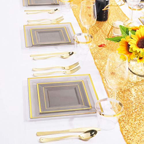WELLIFE 150 PCS Clear Black Plastic Plates, Disposable Silverware and Cups, Gold Square Plastic Dinnerware, 25 Dinner Plates, 25 Dessert Plates, 25 Cups, 75 Gold Cutlery for Party and Weddings