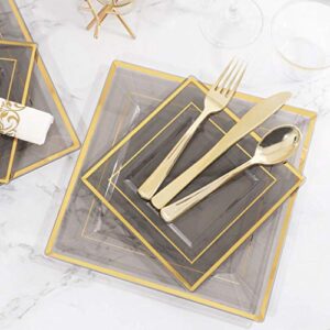 WELLIFE 150 PCS Clear Black Plastic Plates, Disposable Silverware and Cups, Gold Square Plastic Dinnerware, 25 Dinner Plates, 25 Dessert Plates, 25 Cups, 75 Gold Cutlery for Party and Weddings