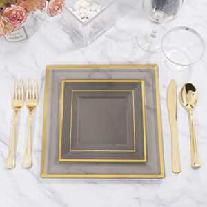 WELLIFE 150 PCS Clear Black Plastic Plates, Disposable Silverware and Cups, Gold Square Plastic Dinnerware, 25 Dinner Plates, 25 Dessert Plates, 25 Cups, 75 Gold Cutlery for Party and Weddings