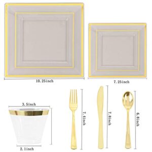 WELLIFE 150 PCS Clear Black Plastic Plates, Disposable Silverware and Cups, Gold Square Plastic Dinnerware, 25 Dinner Plates, 25 Dessert Plates, 25 Cups, 75 Gold Cutlery for Party and Weddings