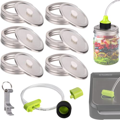 ziHenryDa Fermenting Lids, Vacuum seal cap Compatible with FoodSaver Vacuum Sealer, Food Storage/fermentation lids/Freshness Mason Jar Vacuum Seal Lid,6 set stainless Steel Lids+Accessory Hose,86mm