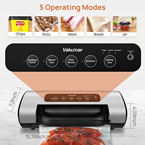 Food Vacuum Sealer Machine, Vakumar 3206 patented handle food vacuum sealer, 80kPa super suction force, used more than 200 times will not overheat, with dry / wet 5 kinds of vacuum function suitable for home and commercial use