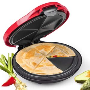 taco tuesday 10-inch 6-wedge electric deluxe quesadilla maker with stuffing latch, 10 inch, red