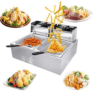 cmftgds electric deep fryer with basket & lid, 12l stainless steel professional home commercial 2 tank frying machine chicken turkey chips large capacity french fryer (dual tank)
