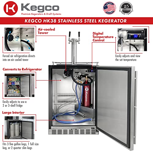 Kegco Kegerator 24" Wide Dual Tap Black/Stainless Steel Undercounter Beer Dispenser HK38BSU-2