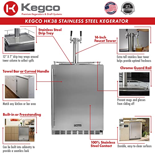 Kegco Kegerator 24" Wide Dual Tap Black/Stainless Steel Undercounter Beer Dispenser HK38BSU-2