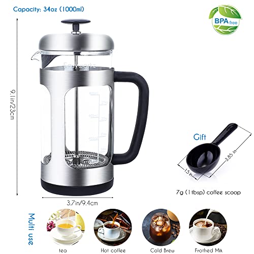 Easyworkz Stainless Steel French Press 34 oz Coffee Tea Maker with Soft Grip Handle