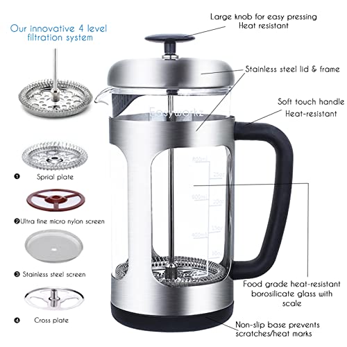 Easyworkz Stainless Steel French Press 34 oz Coffee Tea Maker with Soft Grip Handle